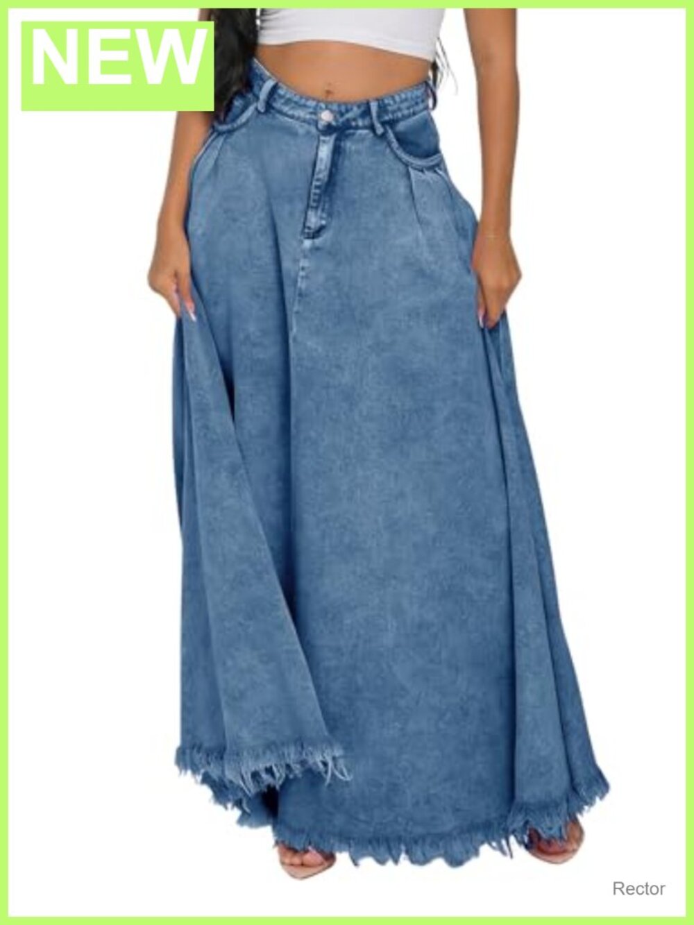 Boho Distressed High Waist A-Line Maxi Denim Skirt Frayed Hem Flowy Jeans